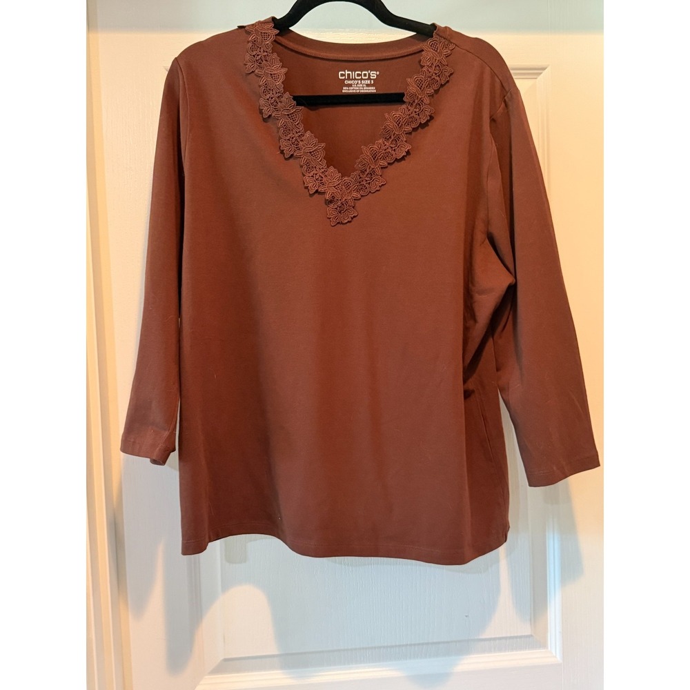 Chico's NWT Chocolate Brown Embroidered Neckline Cotton Blend Top Capsule XL